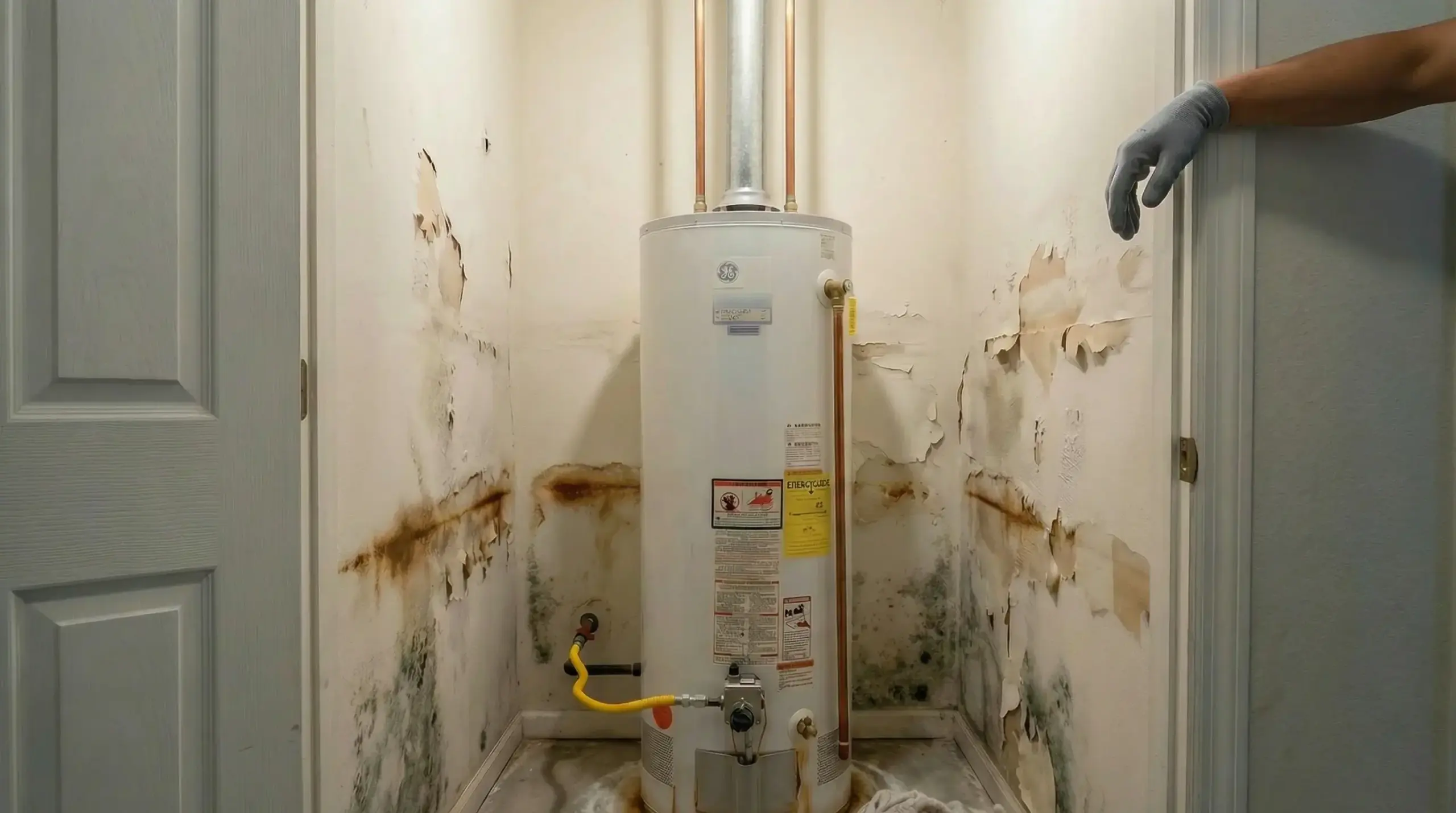 A severely flooded residential utility closet with a rusted 40-gallon gas tank water heater, soaked towels on the floor, and water damage creeping up the drywall &mdash; the exact problem a tankless water heater installation in Tucson eliminates