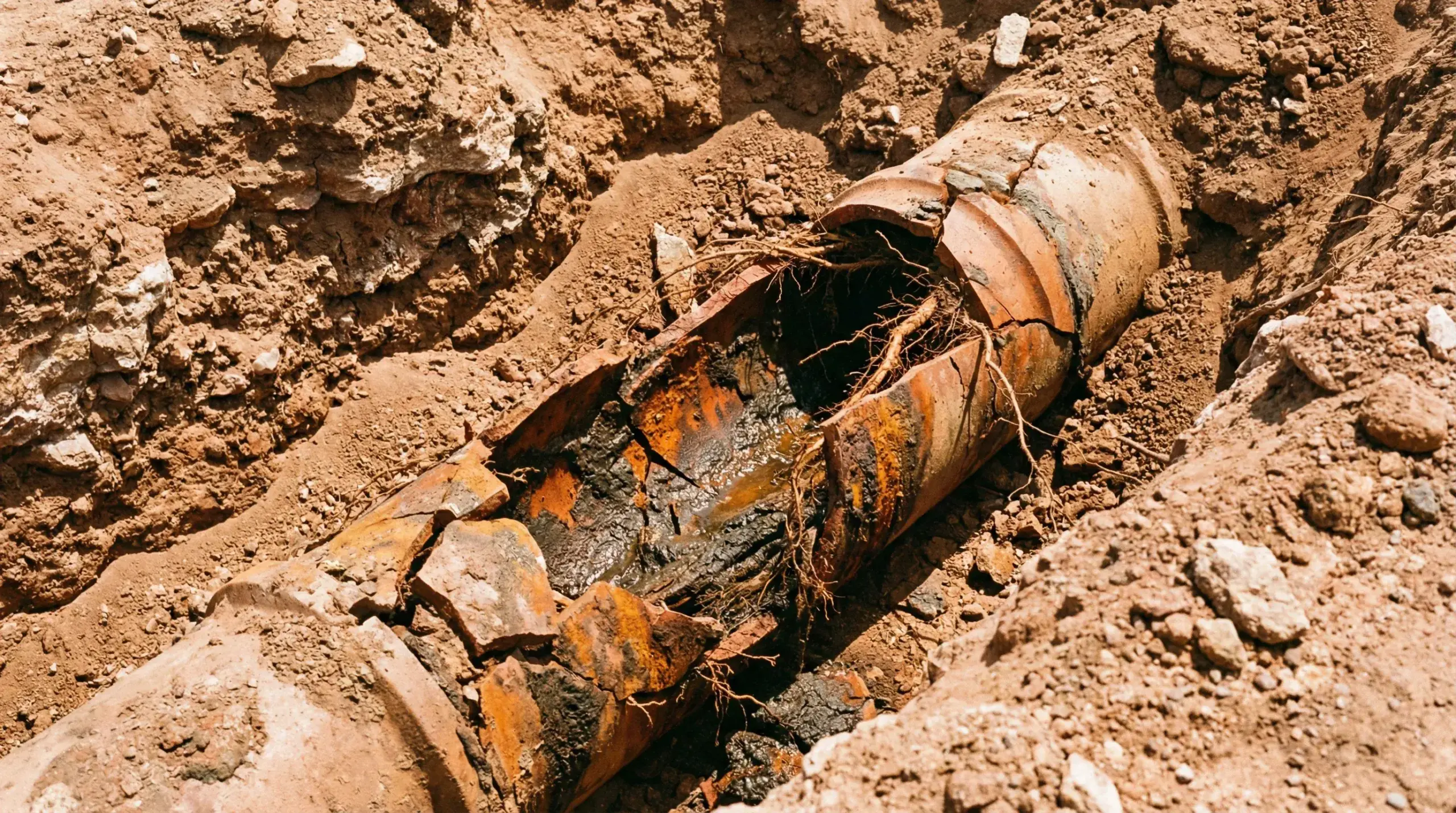 Severely deteriorated clay sewer pipe exposed in a trench, showing cracks, rust, and tree root intrusion — the exact problem UV CIPP pipe lining in Tucson fixes without digging, before it gets this bad